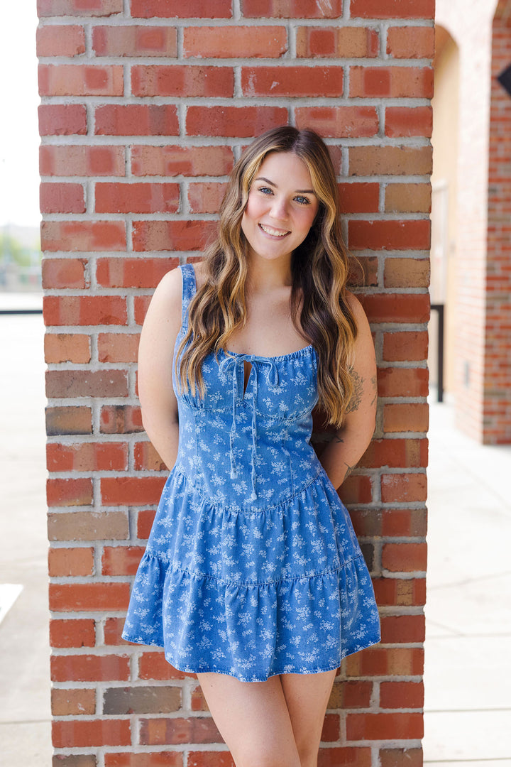 The Sweet Caroline Floral Dark Denim Mini Dress