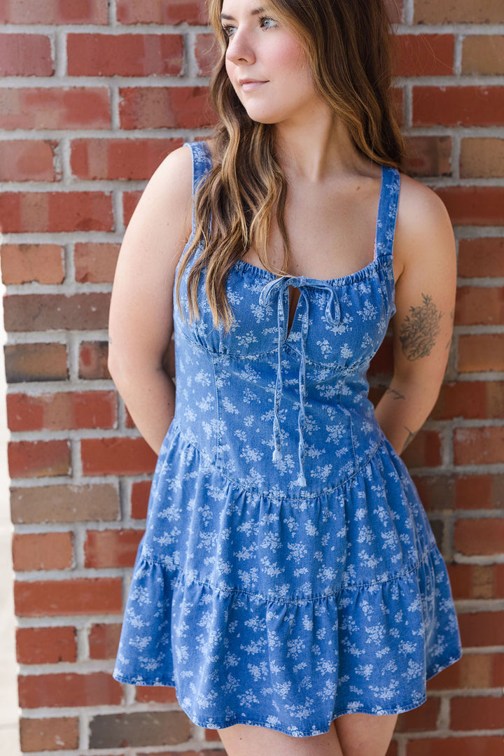 The Sweet Caroline Floral Dark Denim Mini Dress