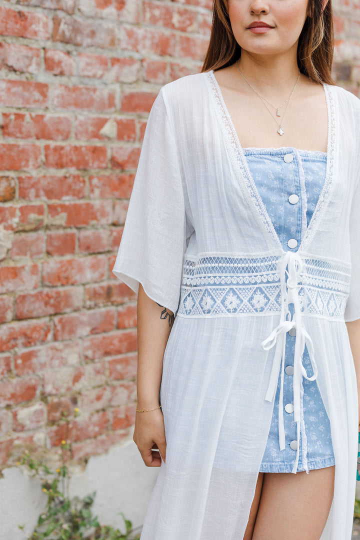 The Caliza White Embroidered Maxi Kimono