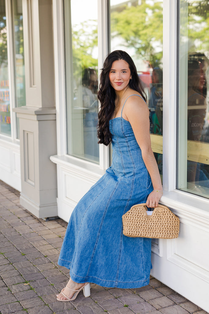 Medium Wash Paneled Denim Maxi Dress - Farmers Market