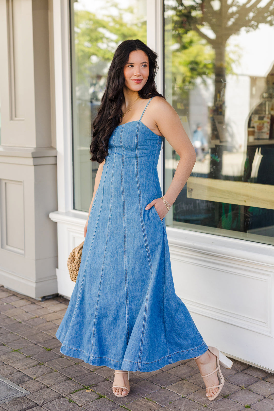 Medium Wash Paneled Denim Maxi Dress - Farmers Market