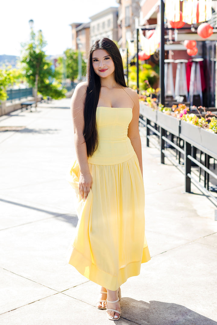 The First In Class Strapless Drop Waist Midi Dress
