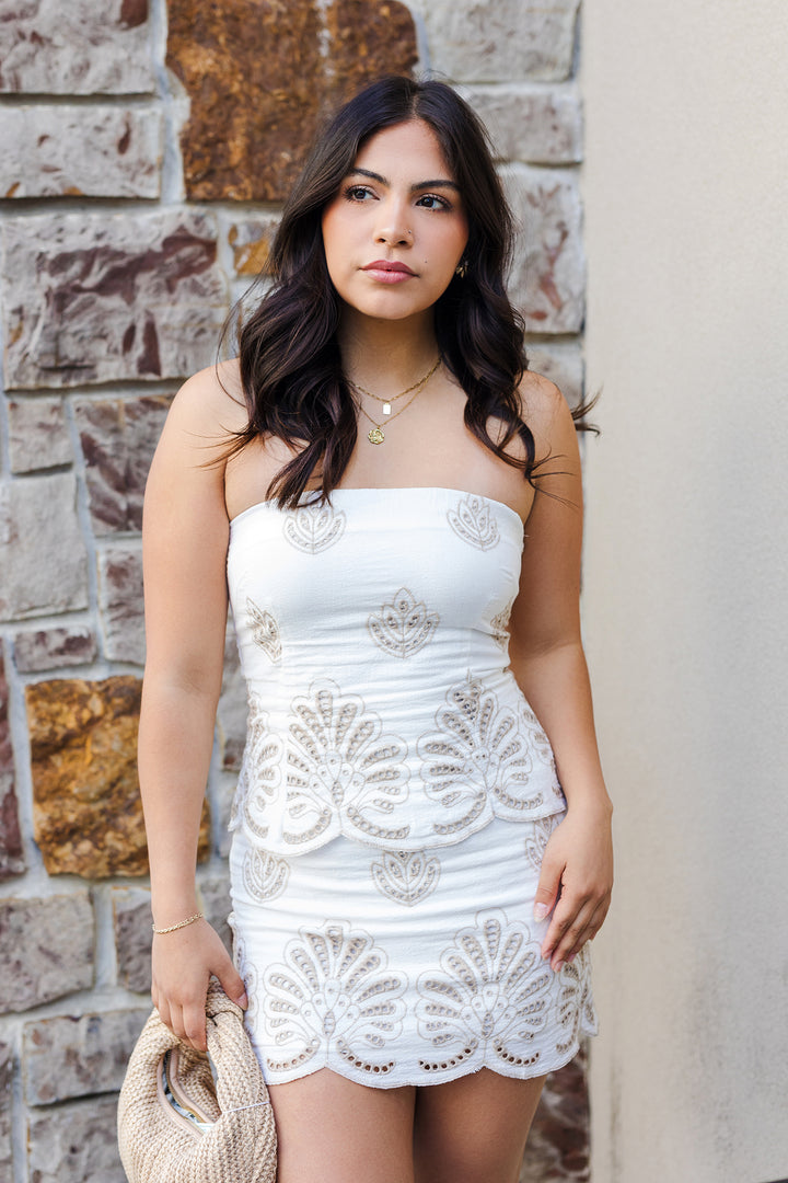 The European Vacation Embroidered Strapless Mini Dress