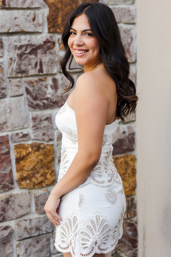 The European Vacation Embroidered Strapless Mini Dress