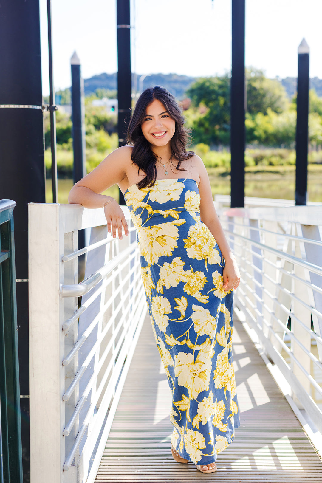 The Natalie Golden Floral Strapless Maxi Dress