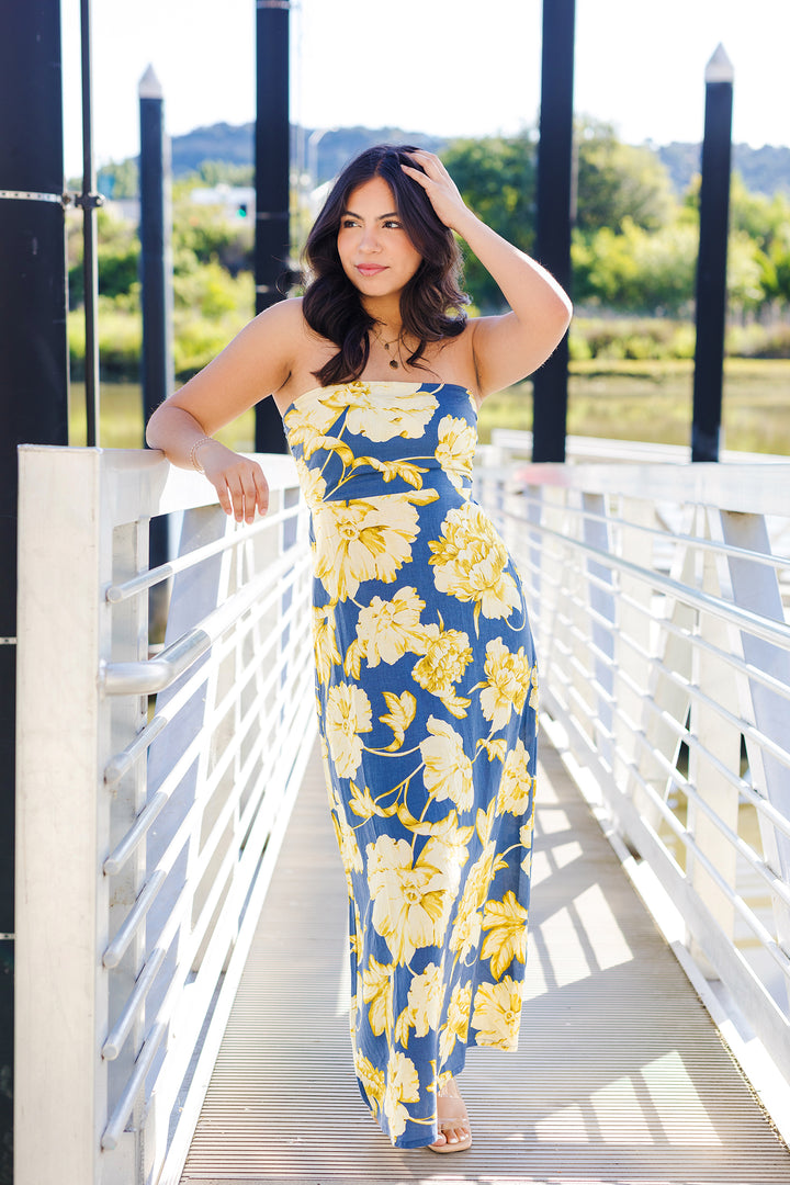 The Natalie Golden Floral Strapless Maxi Dress