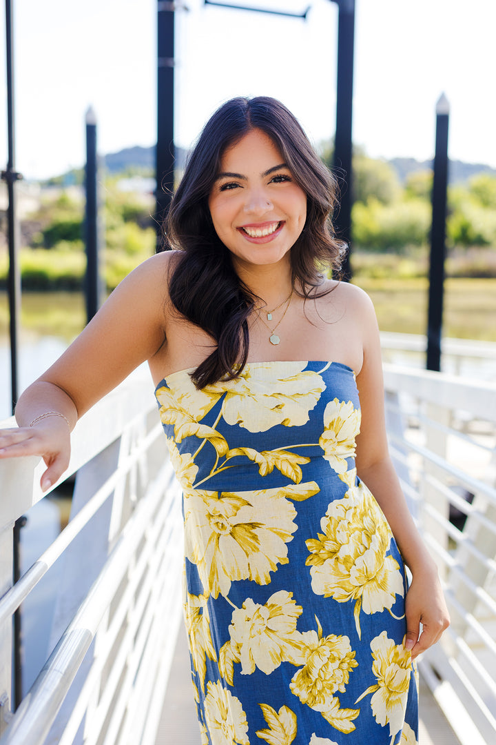 The Natalie Golden Floral Strapless Maxi Dress