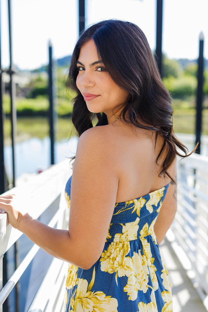 The Natalie Golden Floral Strapless Maxi Dress