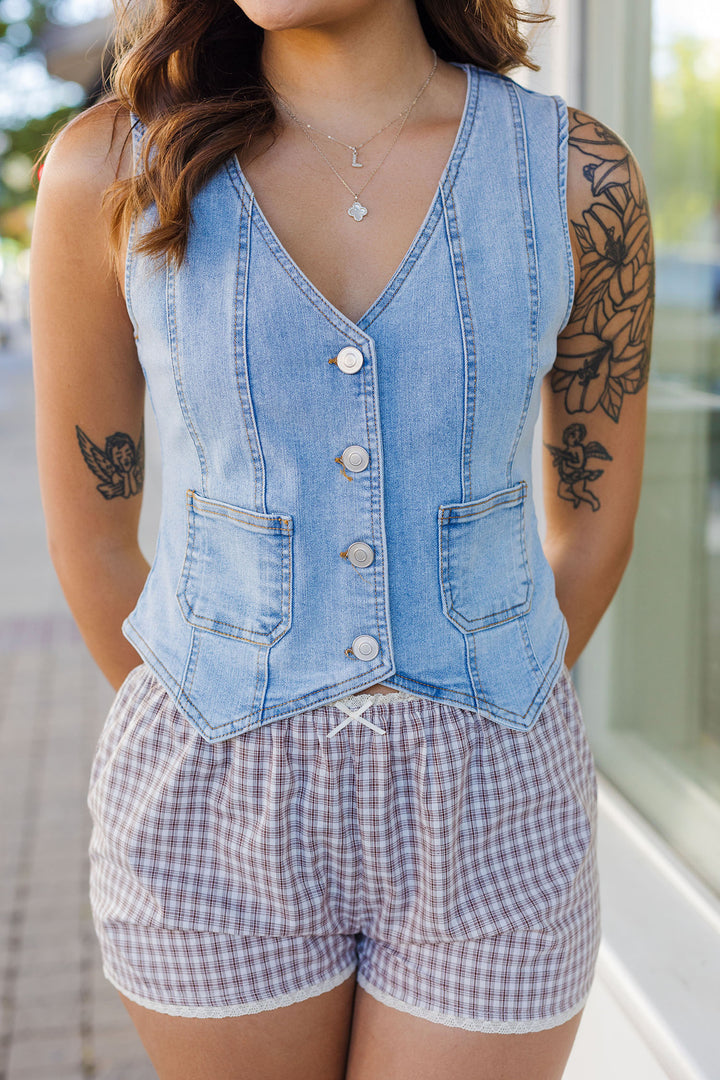 The Press Play Cropped Denim Vest