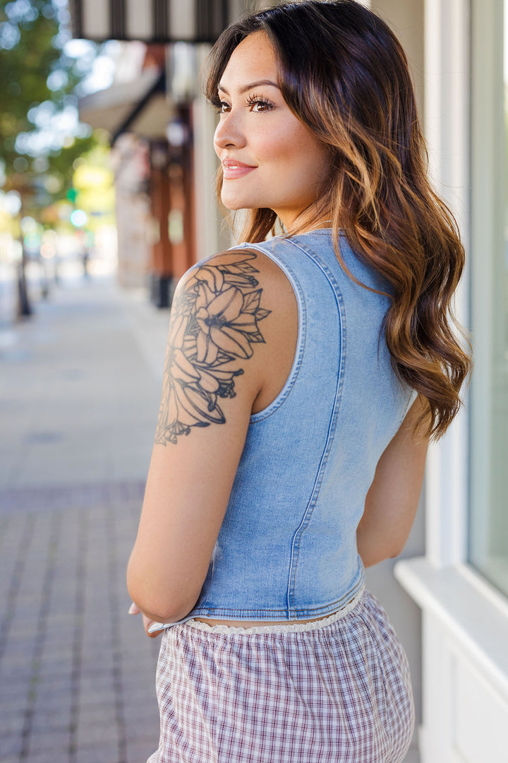 The Press Play Cropped Denim Vest