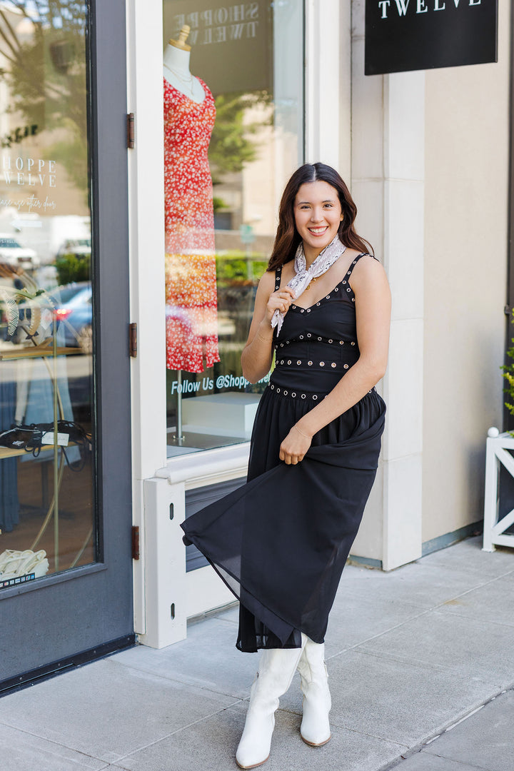 The Festival Days Black Grommet & Chiffon Midi Dress