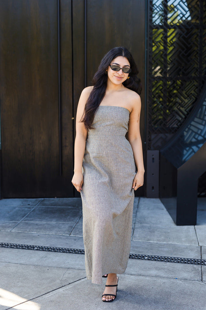 The Jet Set Striped Strapless Linen Maxi Dress