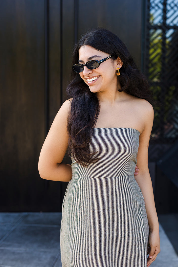 The Jet Set Striped Strapless Linen Maxi Dress