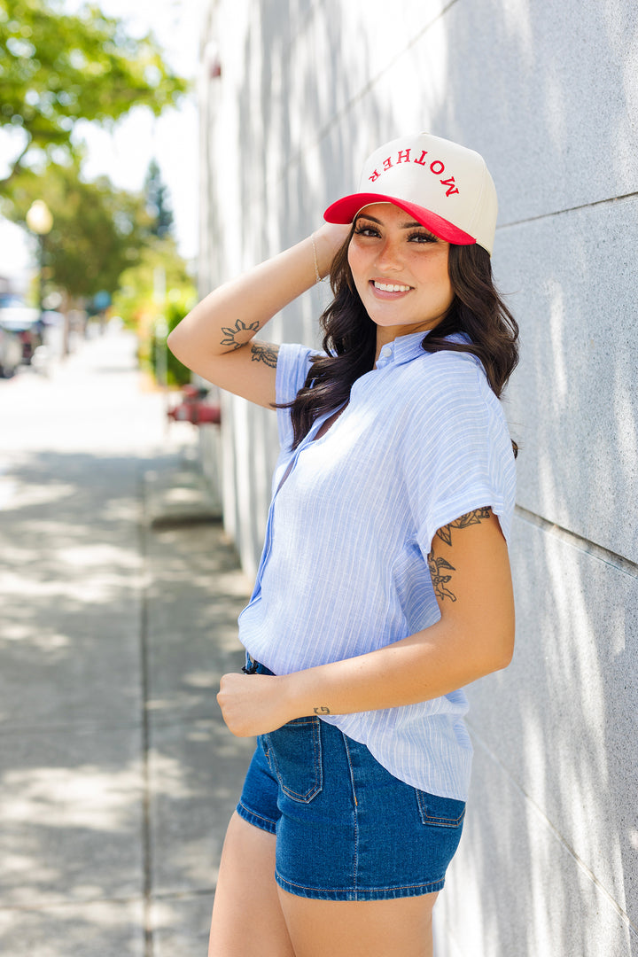 The Beach House Striped Chambray Button Front Top