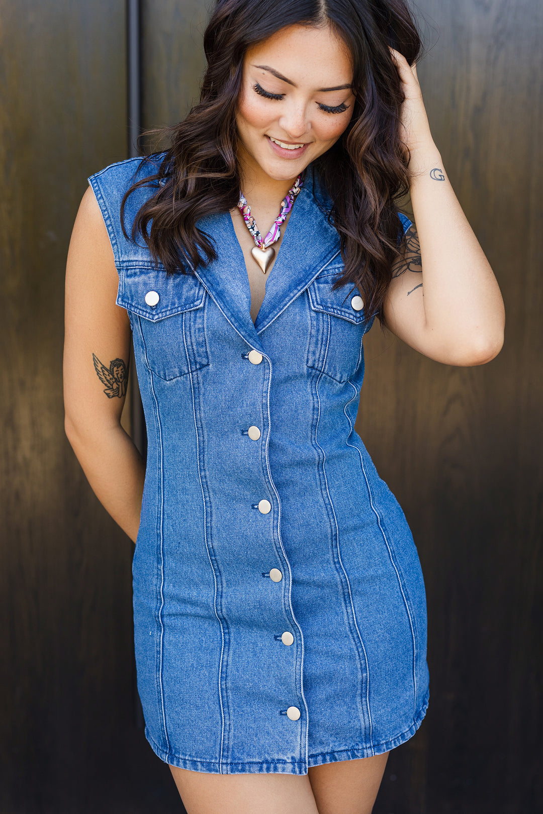 The Don't Call Me Baby Denim Mini Dress Medium / Medium Wash The Don't Call Me Baby Denim Mini Dress Medium / Medium Wash