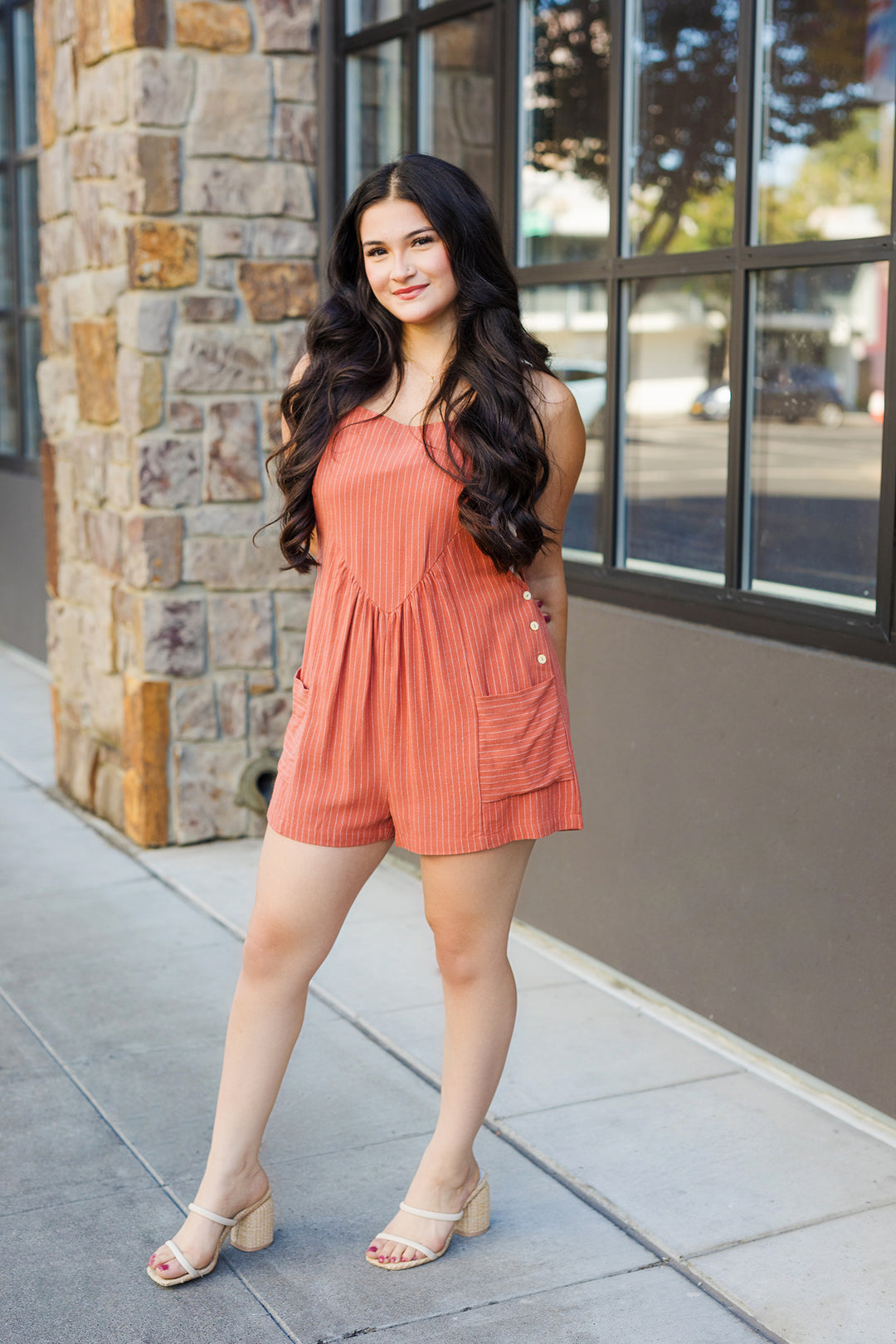 The Terra Cotta Striped Linen Overall Romper