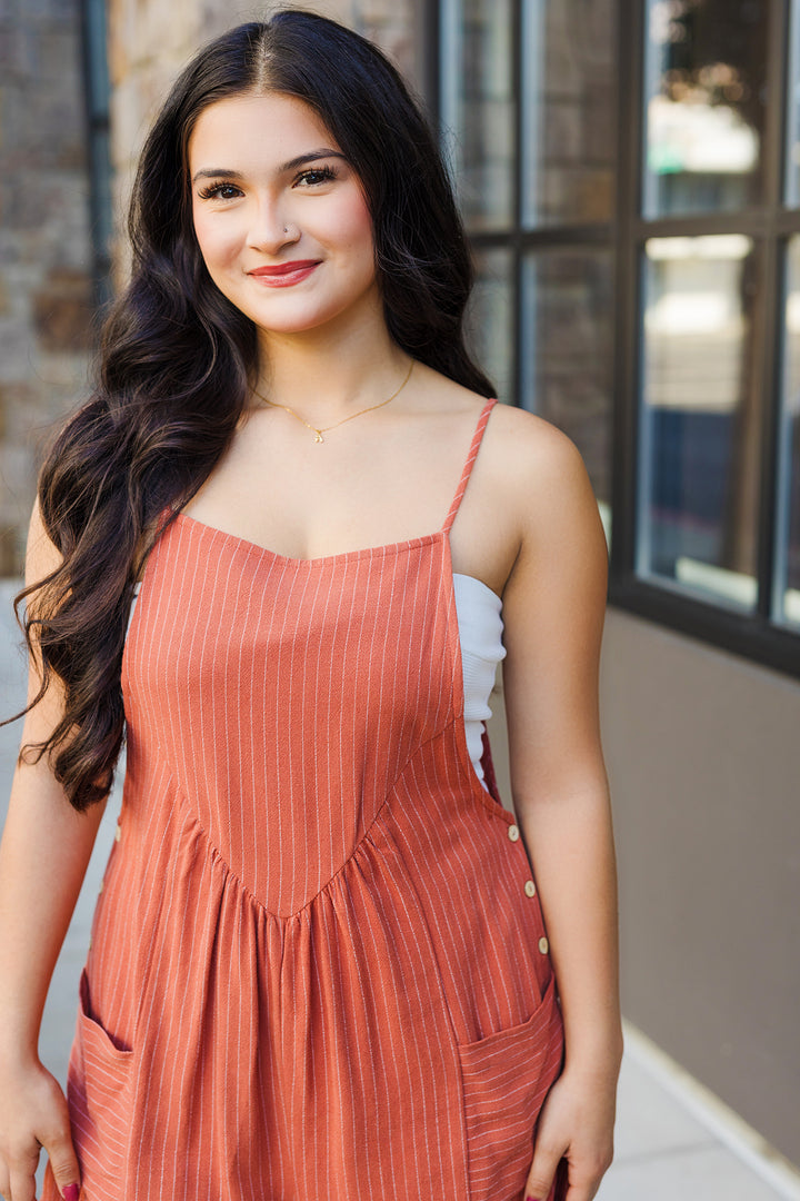 The Terra Cotta Striped Linen Overall Romper