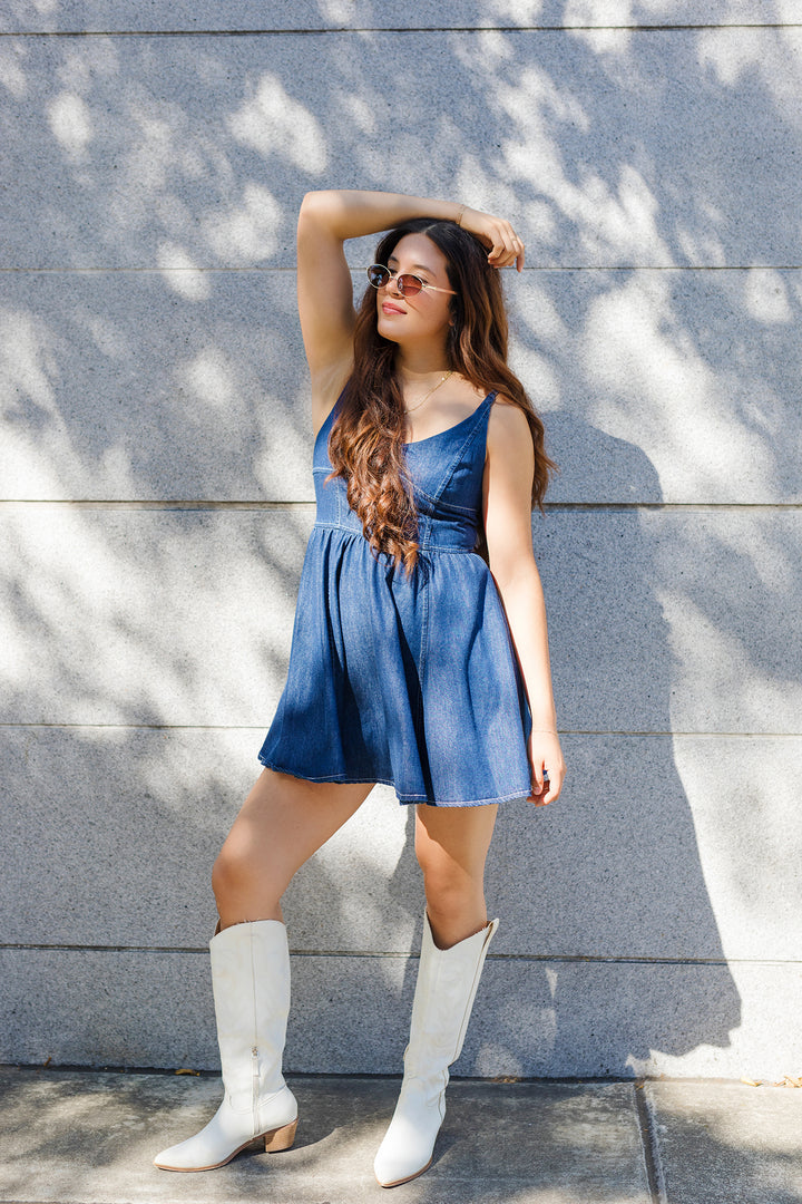 The Twirl Her Around Dark Denim Mini Dress