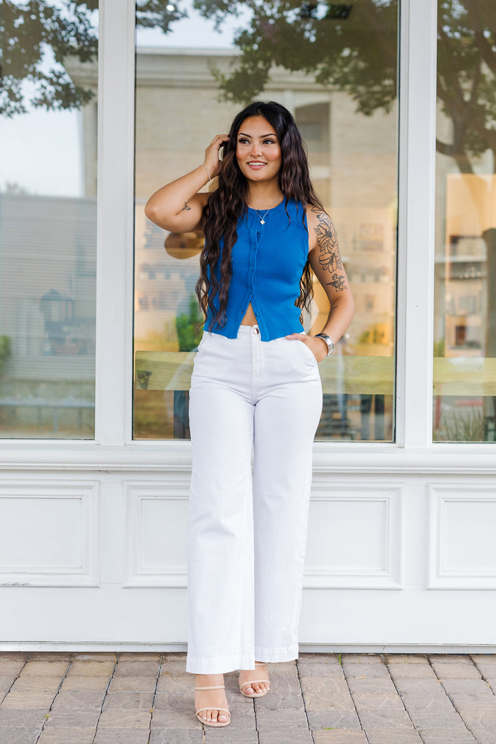 The Electric Blue Ribbed Button Front Top
