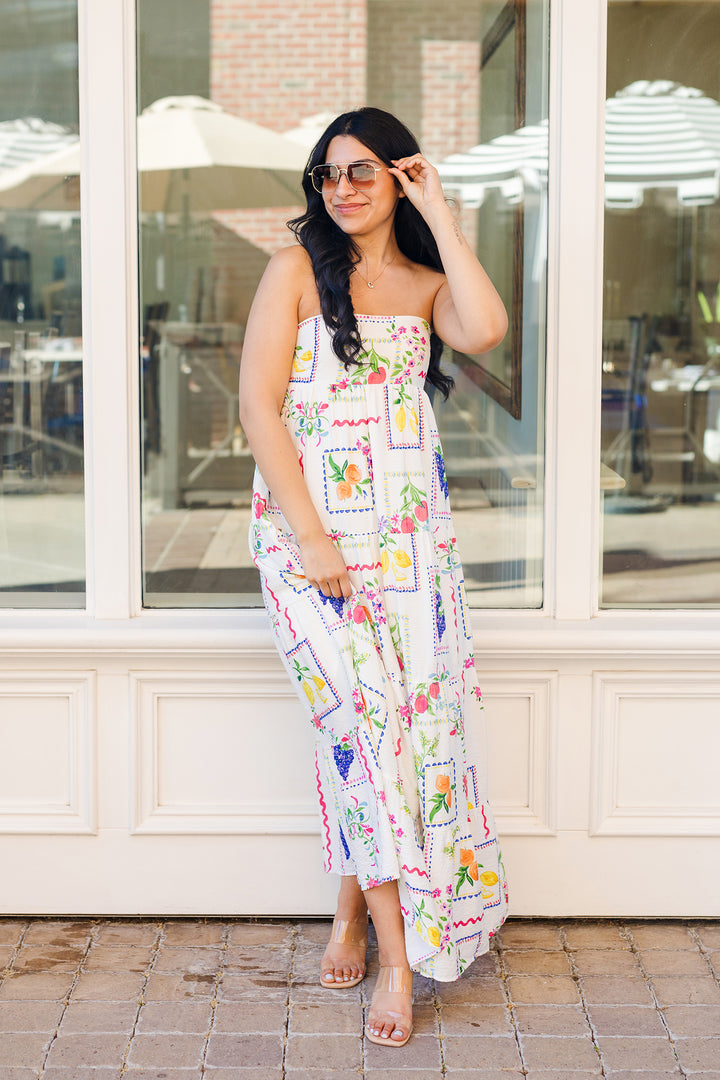 The Tutti Fruity Strapless Open Back Maxi Dress