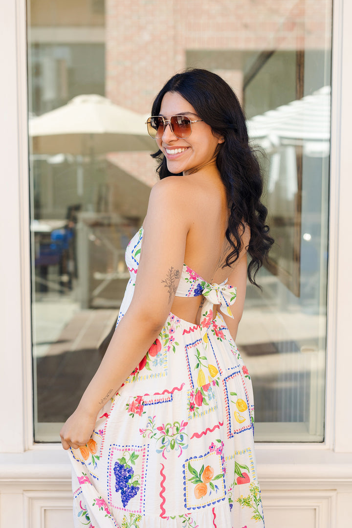 The Tutti Fruity Strapless Open Back Maxi Dress
