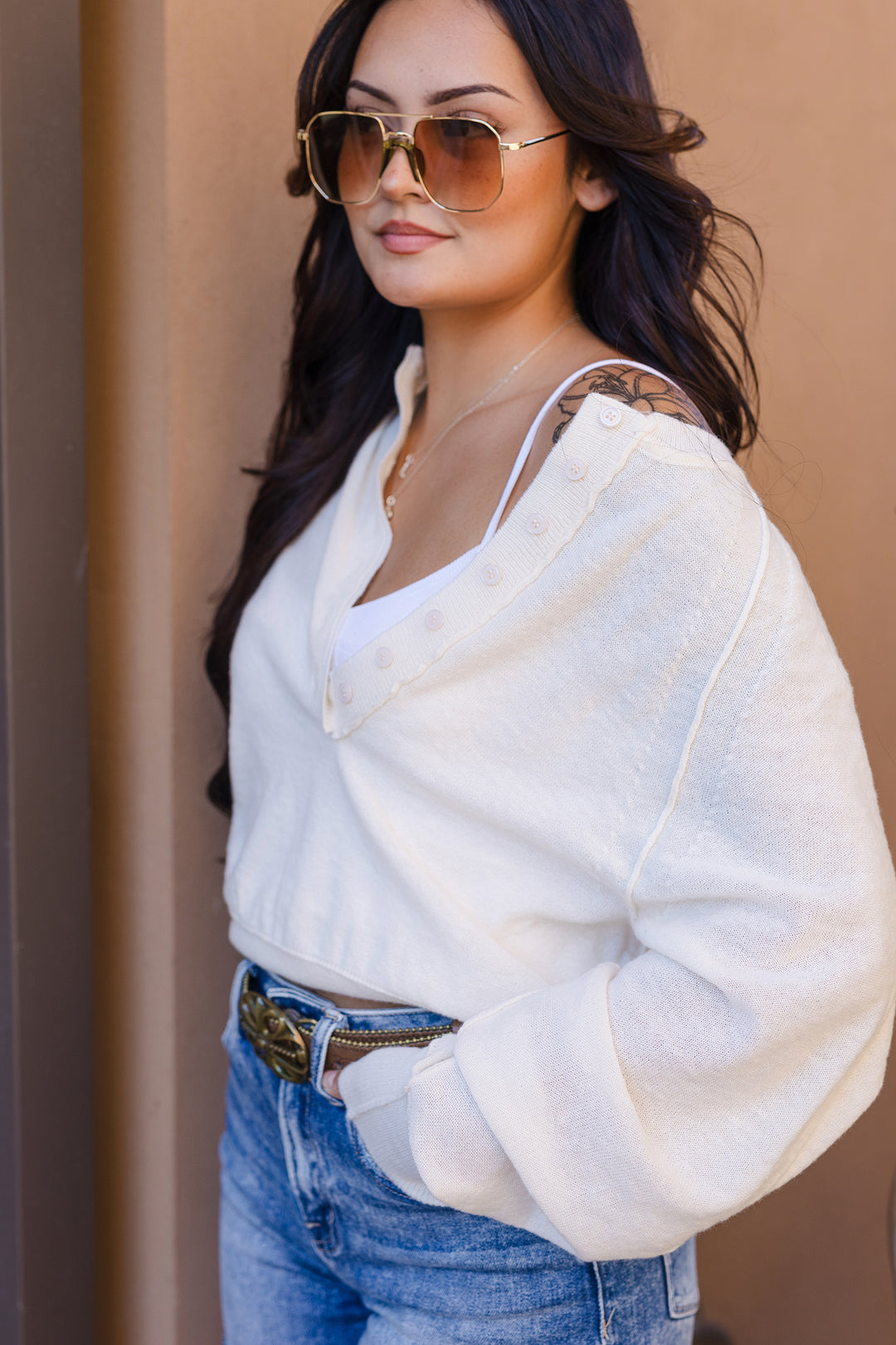 The Chill Pill Soft Knit Button Cropped Sweater
