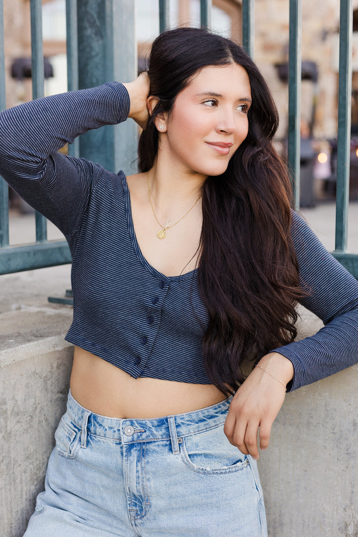 The Between The Lines Striped Cropped Long Sleeve Top