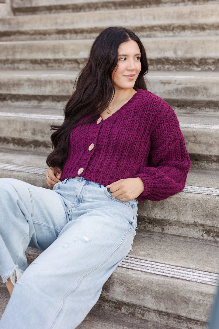 The Top Of The Class Burgundy Chunky Knit Cropped Cardigan