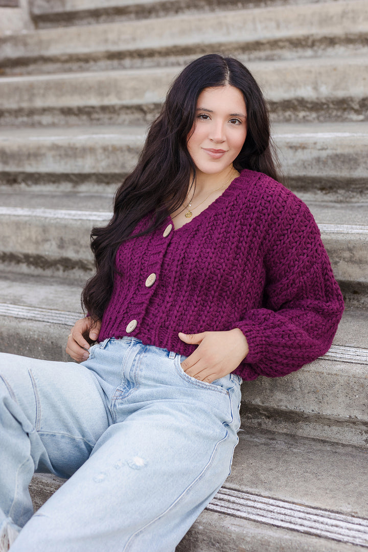 The Top Of The Class Burgundy Chunky Knit Cropped Cardigan