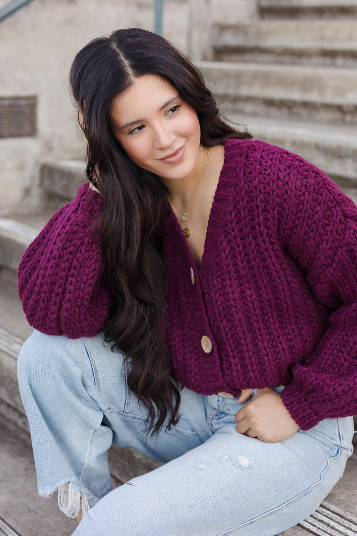 The Top Of The Class Burgundy Chunky Knit Cropped Cardigan