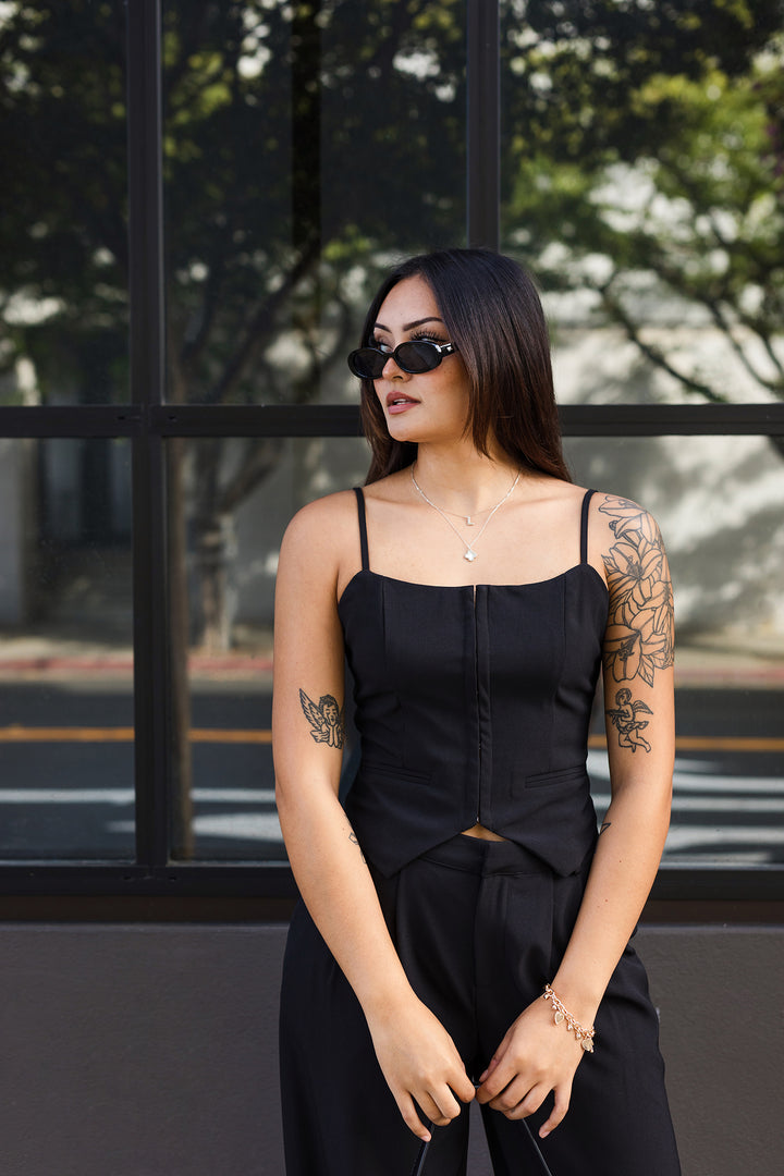The Bridget Black Front Hook & Eye Vest Top