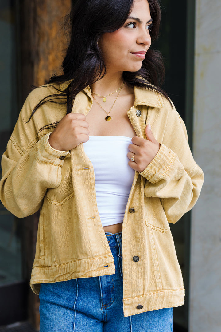 The Already Gone Tan Back Pleated Denim Jacket