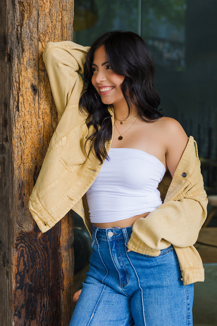 The Already Gone Tan Back Pleated Denim Jacket