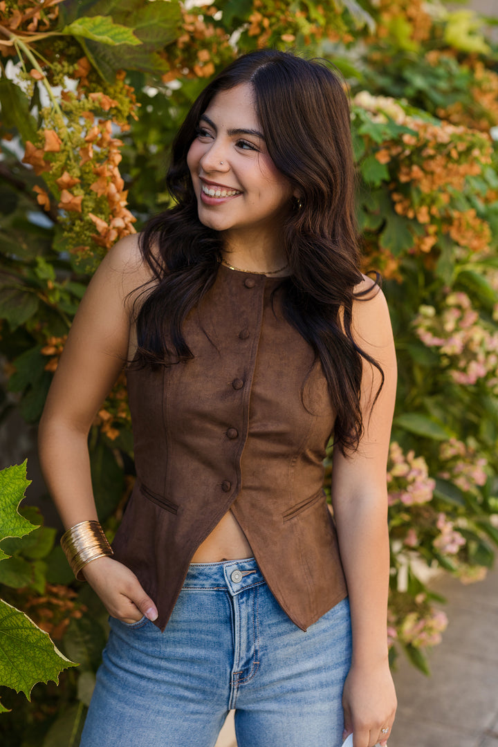 The Chicago Heat Suede Button Front Vest Top