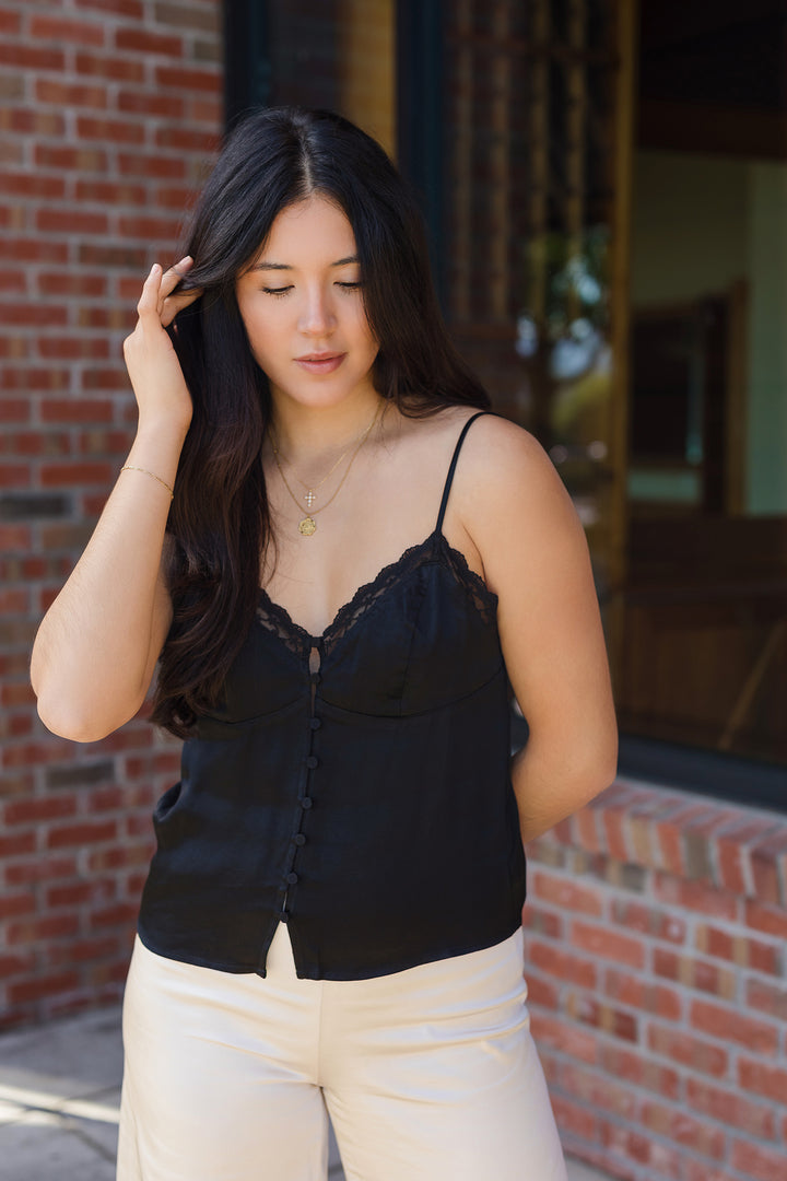 The Lucky In Love Black Lace Satin Camisole