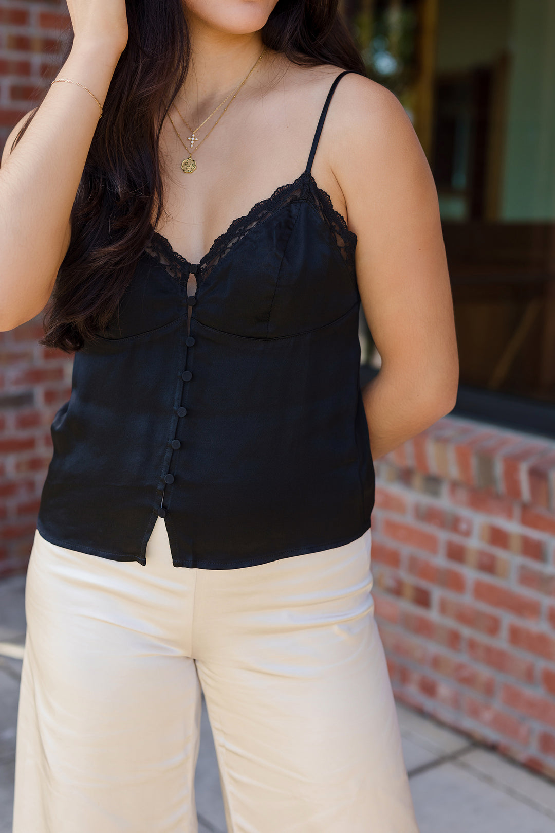 The Lucky In Love Black Lace Satin Camisole