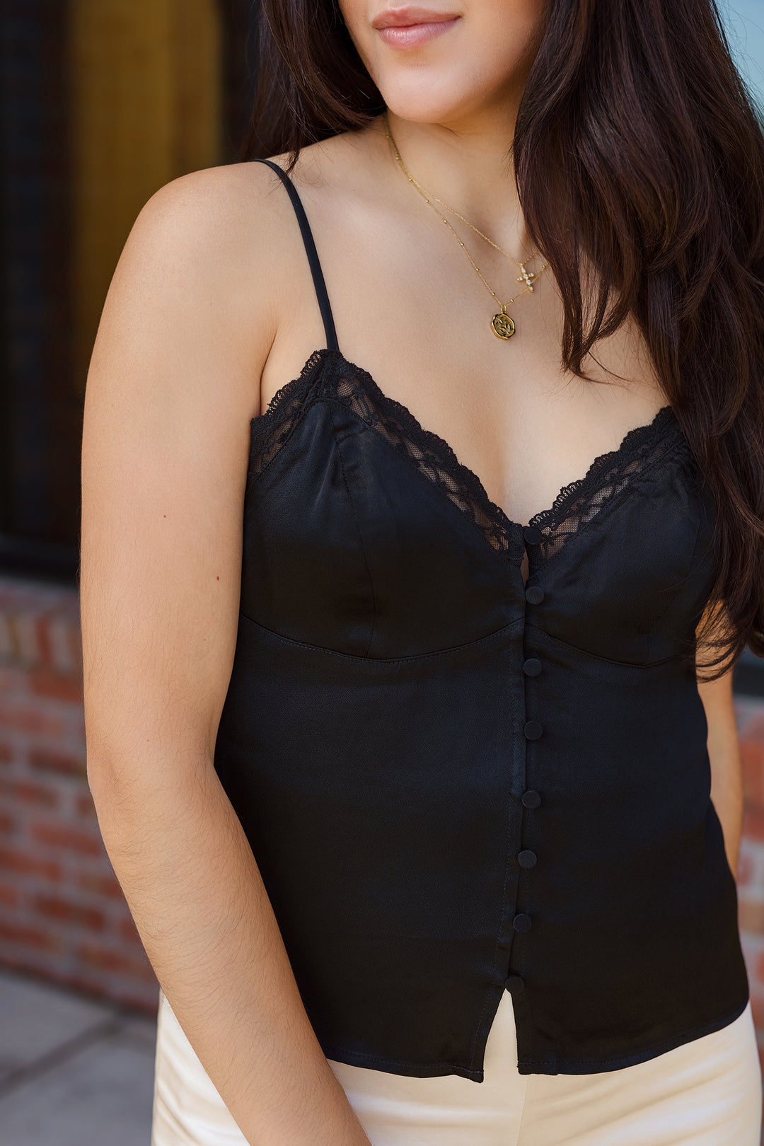 The Lucky In Love Black Lace Satin Camisole