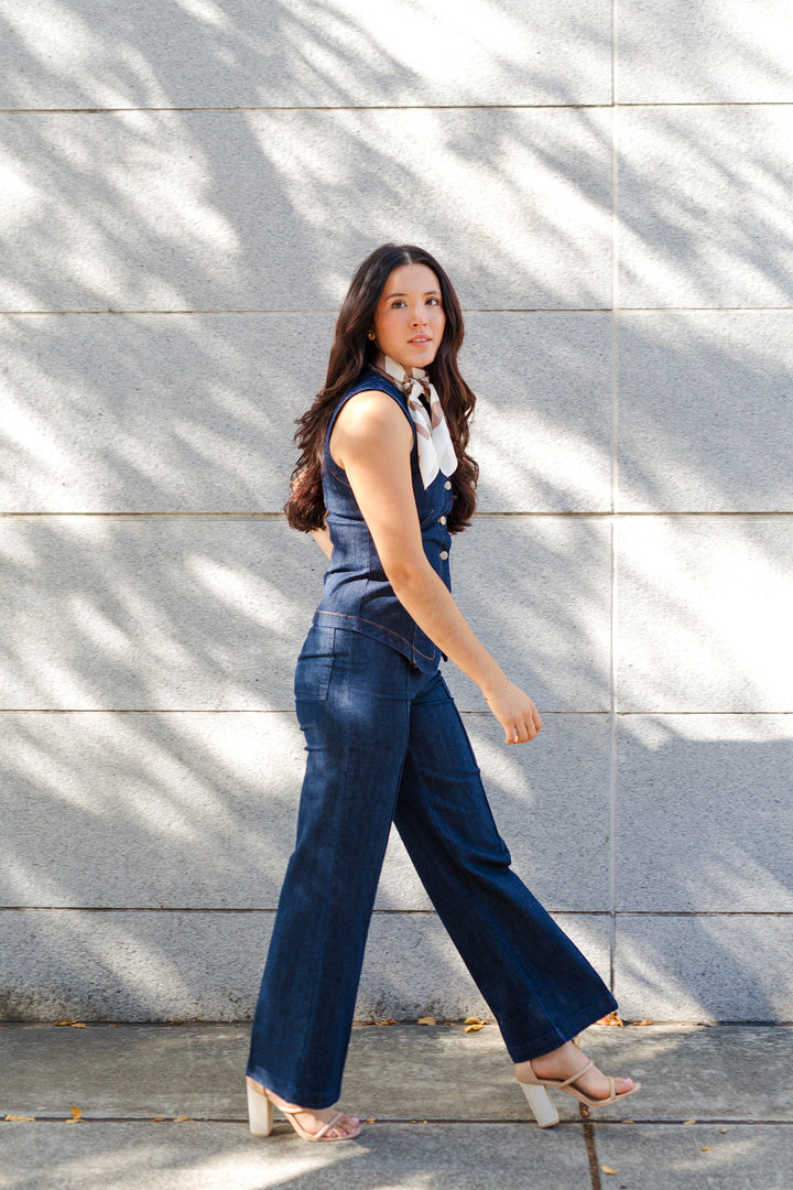The Round About Dark Denim Button Front Vest Top