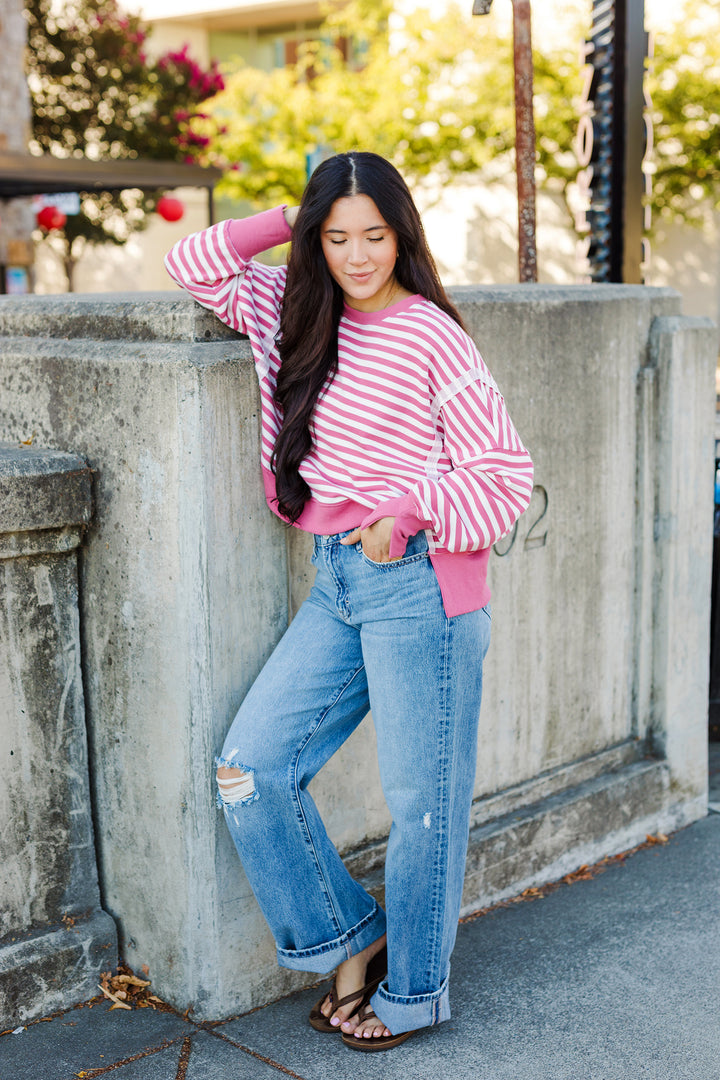 The Between The Line Mauve Striped Pullover Top