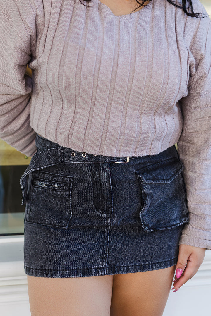 The Britany Black Washed Low Rose Denim Mini Skirt