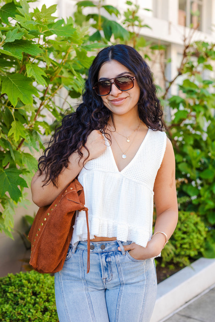 The Bohemian Grove White Cropped Babydoll Tank Top
