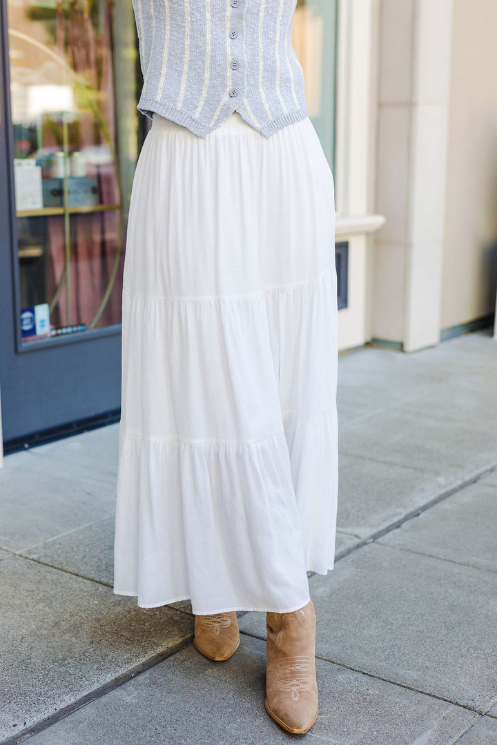 The Barcelona White Tiered Maxi Skirt
