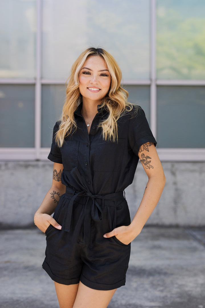 The Boardwalk Black Linen Romper