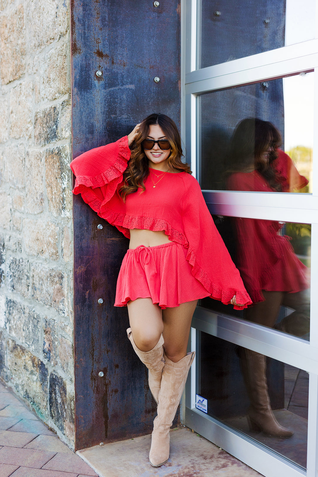 The Free to Be Gauze and Lace Bell Sleeve Cropped Top
