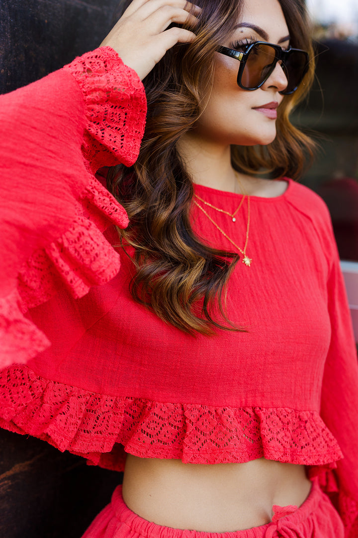 The Free to Be Gauze and Lace Bell Sleeve Cropped Top