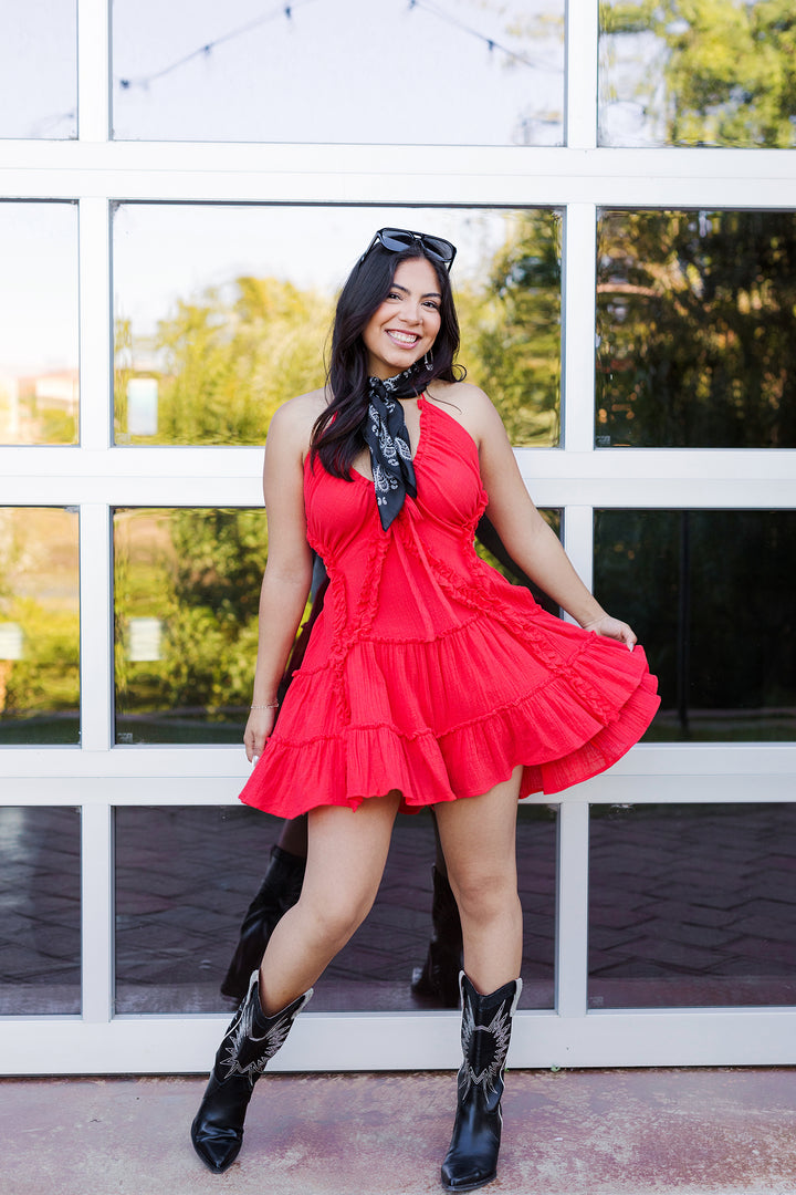 The Spotlight is Calling Tiered Ruffle Halter Romper