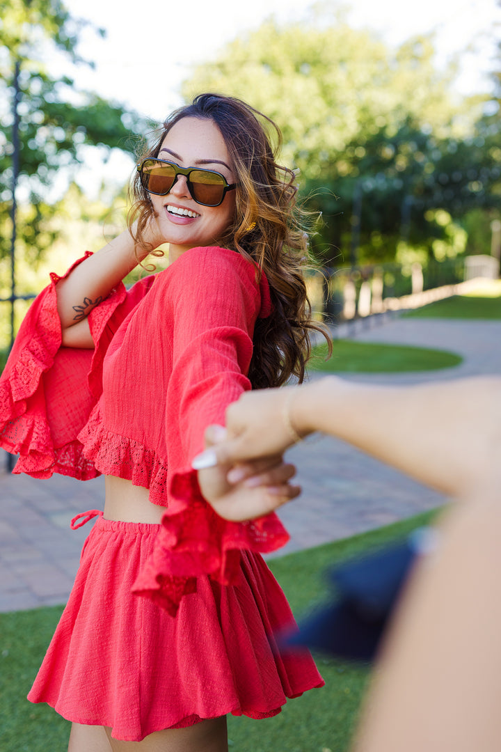 The Free to Be Gauze and Lace Bell Sleeve Cropped Top