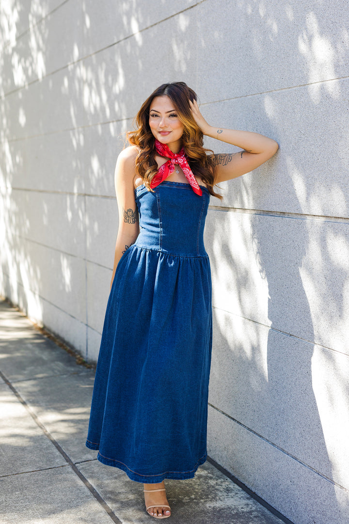 The Blue Ribbon Strapless Denim Midi Dress
