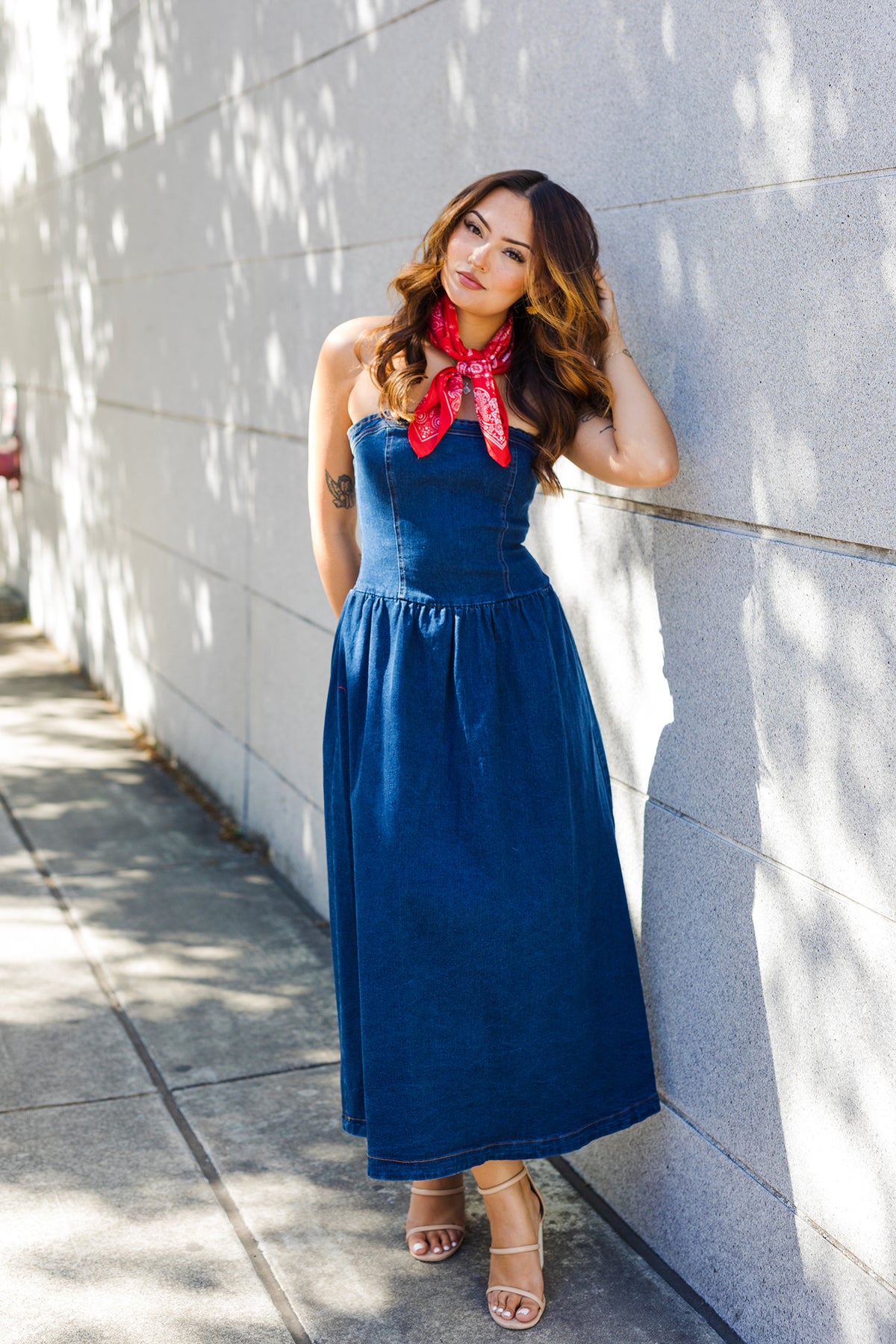 The Blue Ribbon Strapless Denim Midi Dress