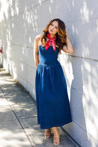 Blue Ribbon Strapless Denim Midi Dress — Shoppe Twelve